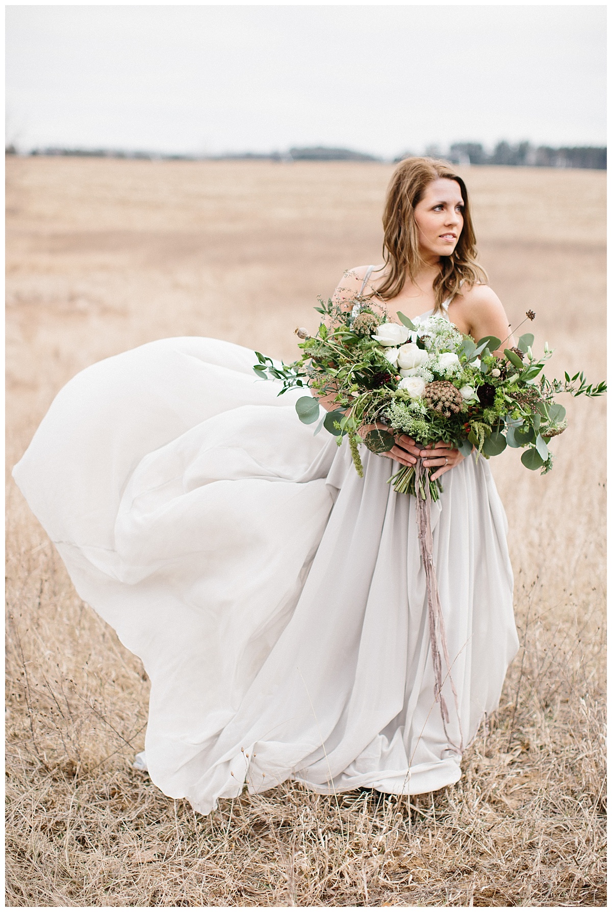 bride, wedding, bridal portrait, field, backless dress