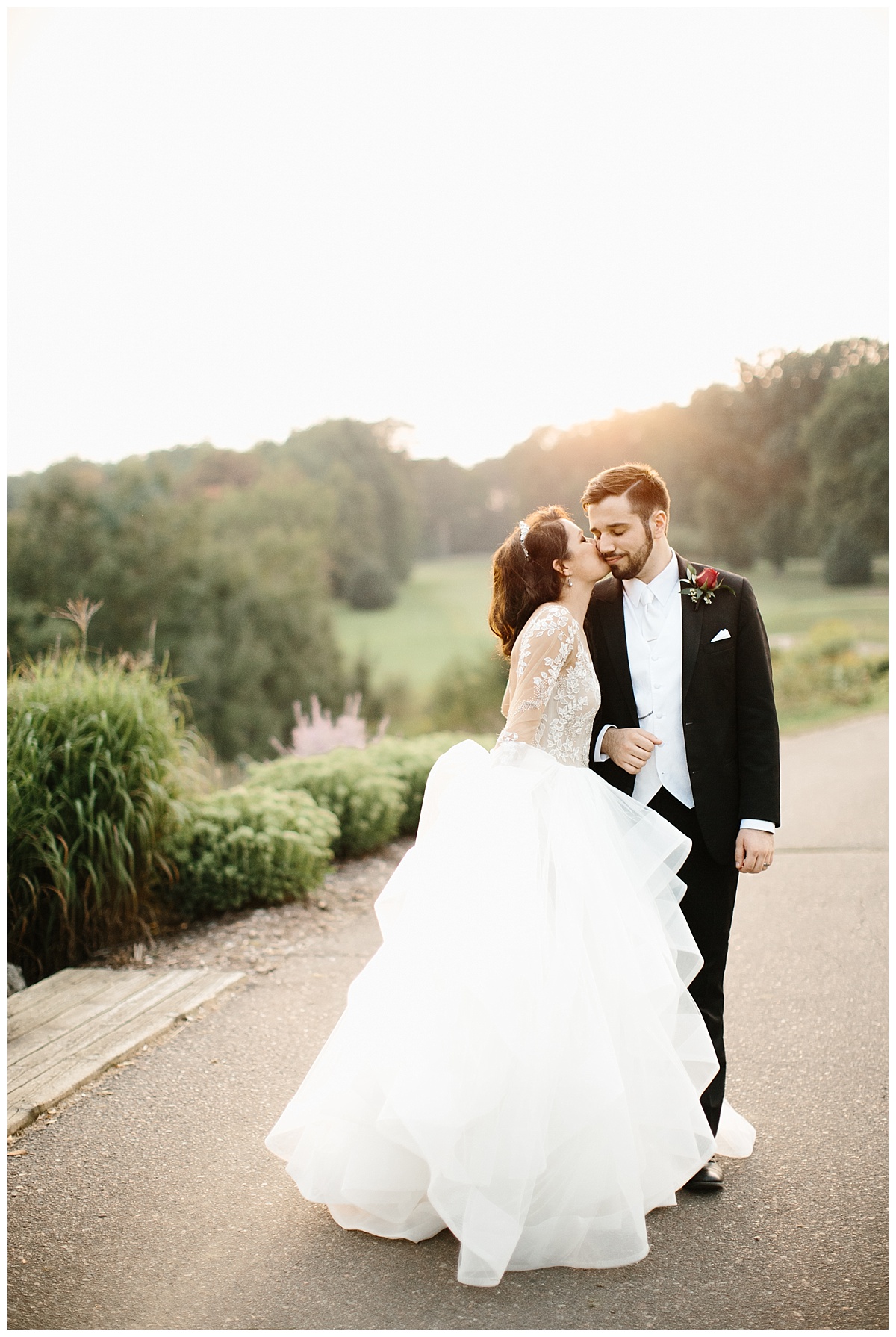 bride, groom, golden hour, sunset, golf course, hayley paige, ballgown, veil, romantic, greenery, floral, wausau, greenwood hills country club, central wisconsin wedding photographer, madison wedding photographer, midwest wedding photographer
