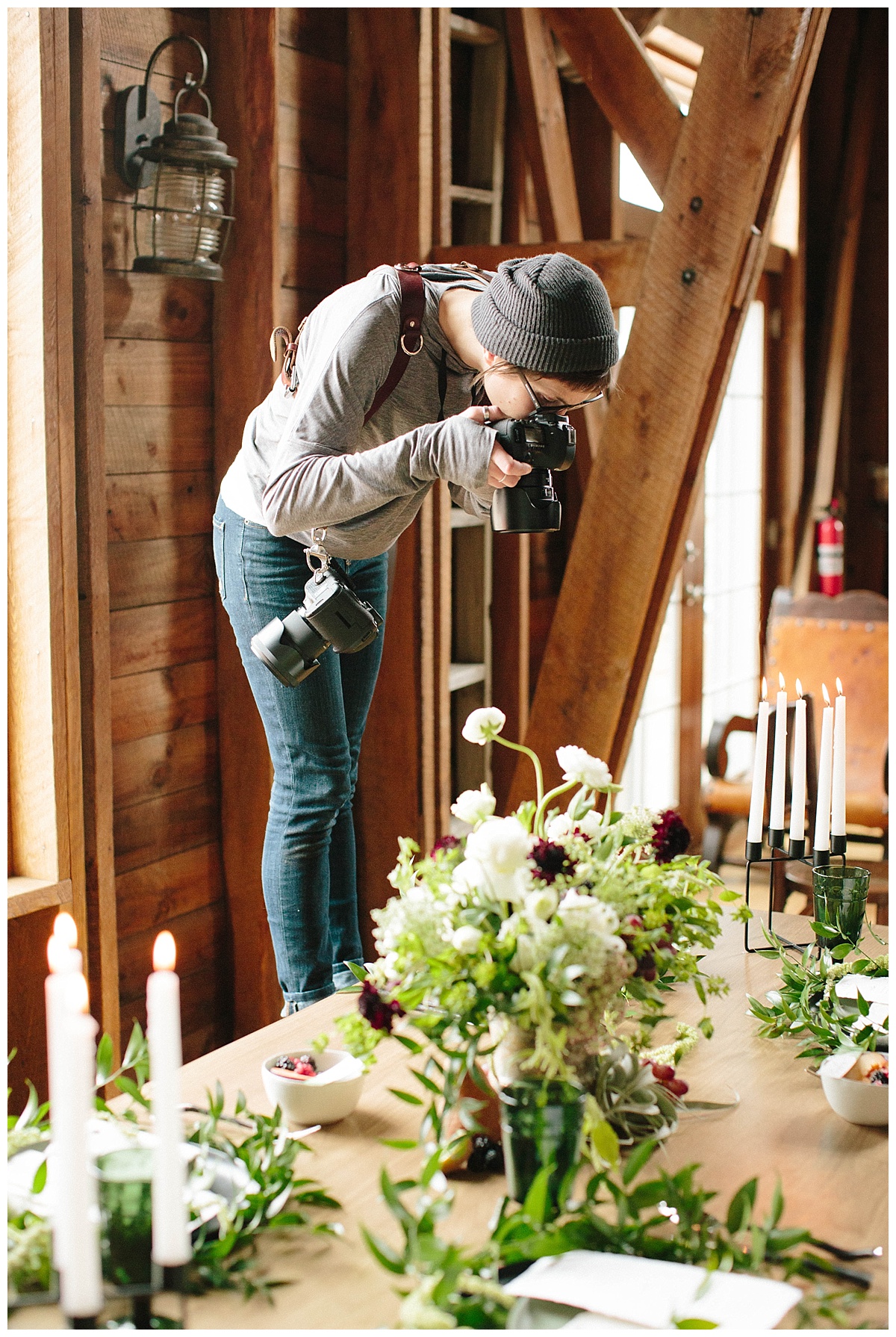 the festive barn, tablescape, greenery, magnolia, wedding photographer, interior, stevens point photographer