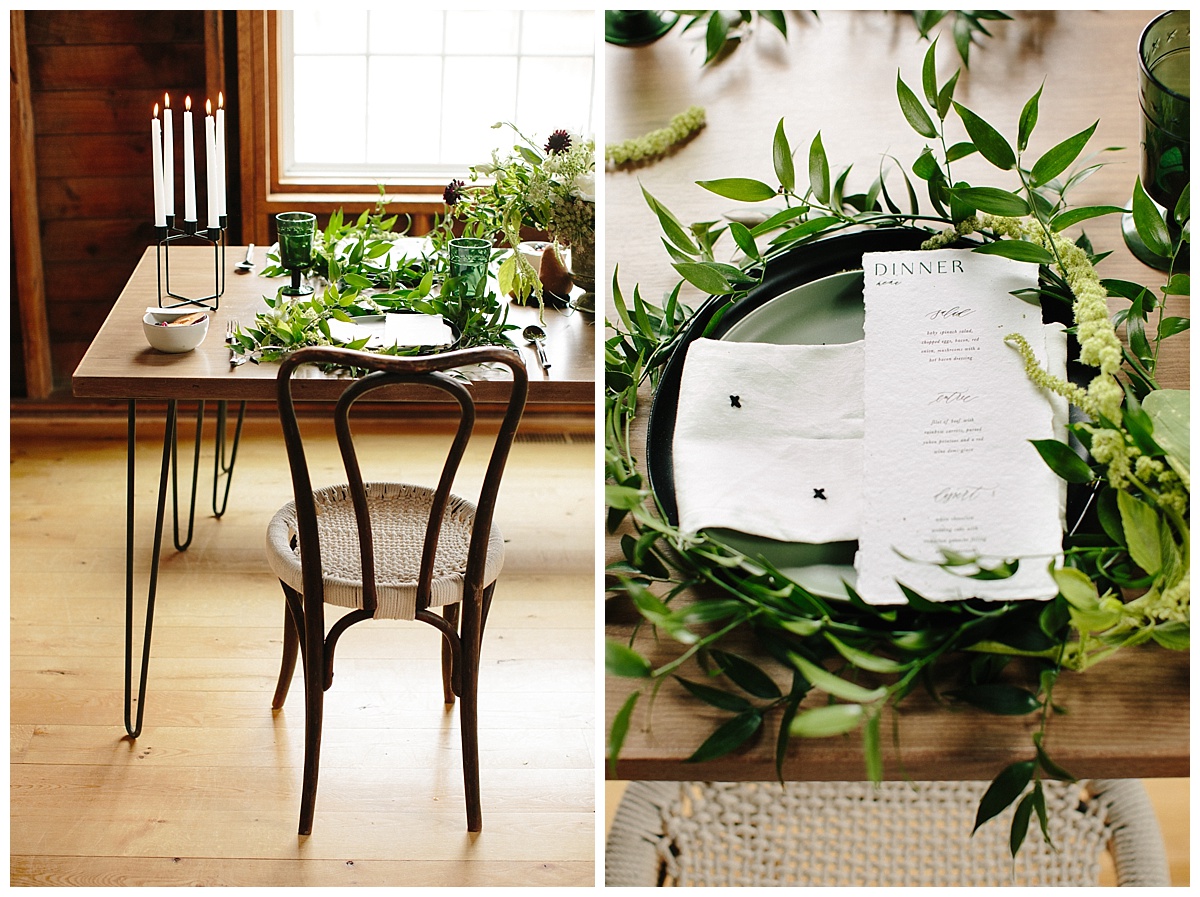 tablescape, greenery, magnolia, styled shoot, barn, waupaca, calligraphy